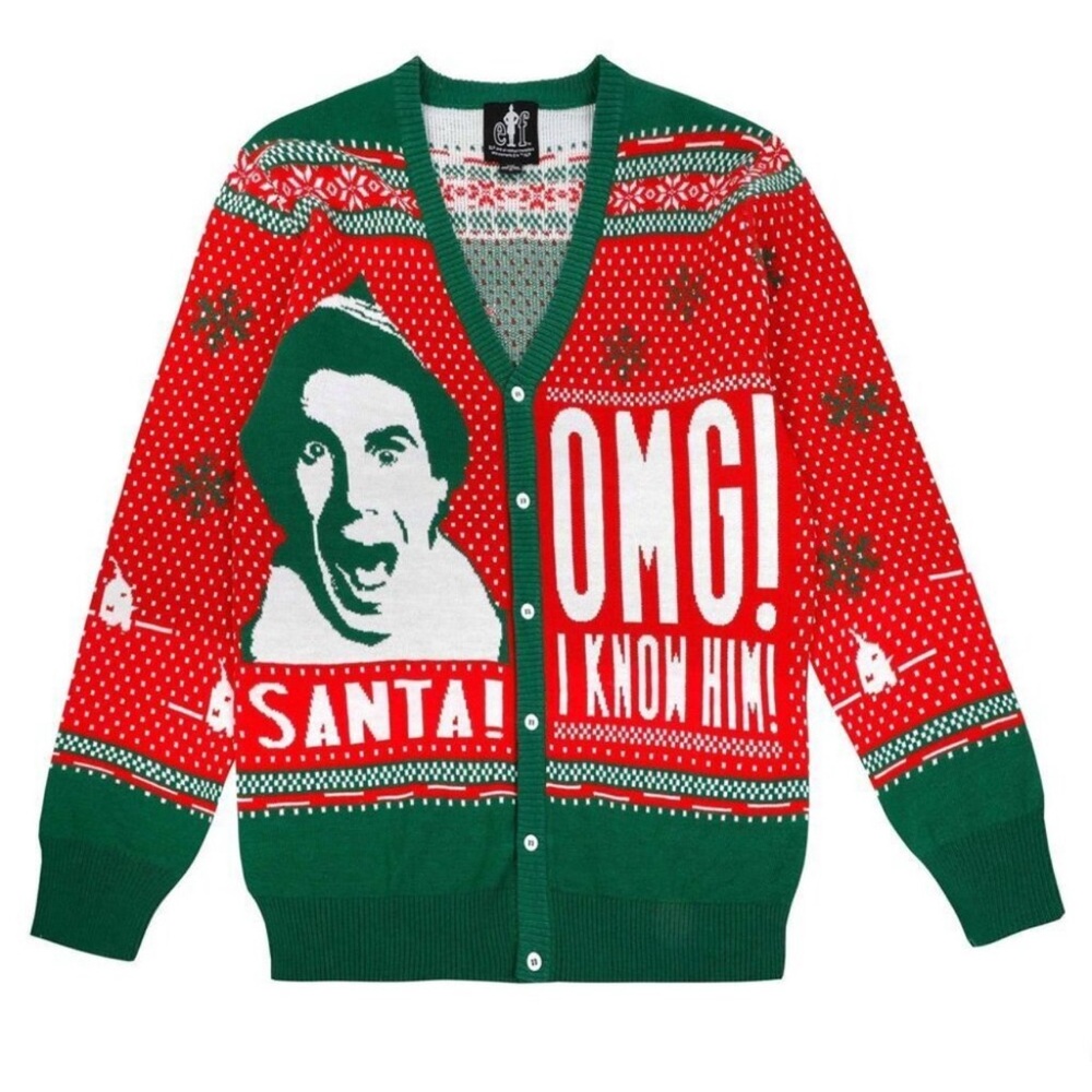 NWT Buddy  Elf Cardigan sweater Christmas. M L XL. Will Farrell full sleeve